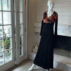 Vintage Wahls Swedish Black Velvet Muticolored Floral Bodice Maxi Dress Size 8
